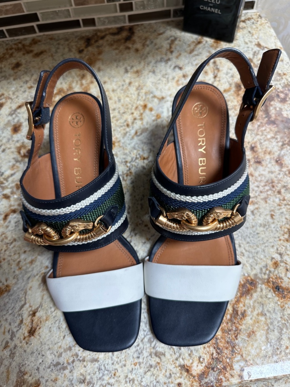 Tory Burch Navy, White & Green Braided Chain Slingback Sandals